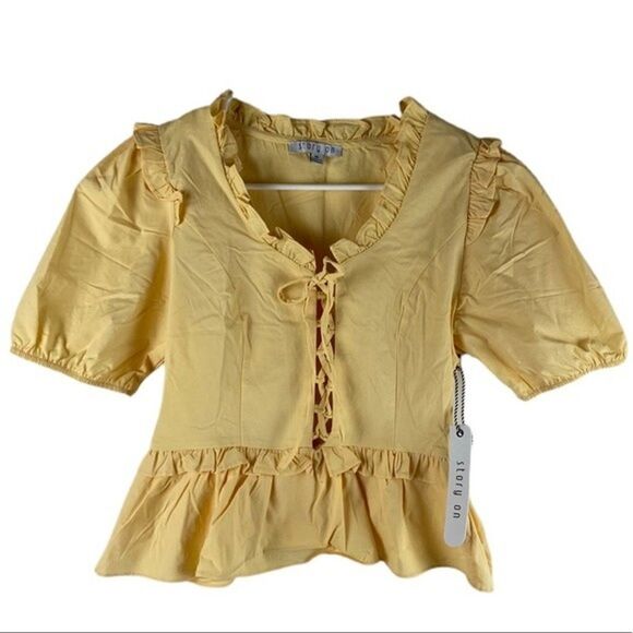 Story On Blouse Womens Medium Yellow Lace Up Front Top Short Sleeve - Picture 1 of 6